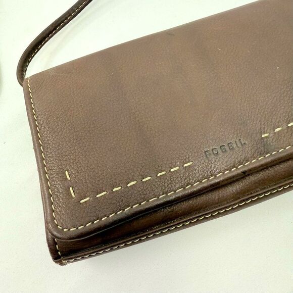 Fossil Brown Leather Exposed Stitch Trifold Crossbody Organizer Wallet Mini Bag - Picture 4 of 16